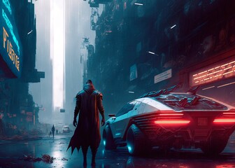 Obraz na płótnie Canvas Dark moody Neon urban future. Futuristic car on the cyberpunk city street. Photorealistic Generative AI illustration. Futuristic skyscrapers with neon lights.