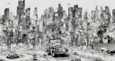 illustration drawing style, punk building city and car , generative art by A.I.