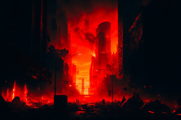 A cityscape in ruins as buildings crumble and smoke fills the air. The end of the world is upon us as the sky glows red with the burning inferno