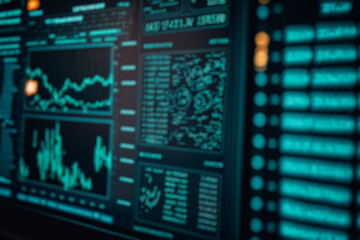 Fototapeta premium A close-up of a digital screen displaying various cryptocurrency prices and charts, blured image