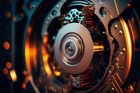 A close-up of a spinning hard drive, displaying its ultra-detailed mechanical components