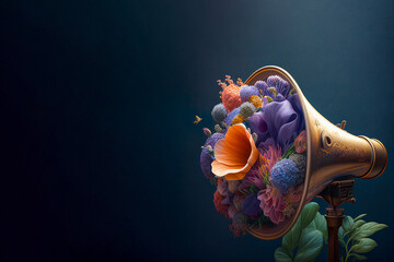 A pastel, Spring concept of a retro, vintage megaphone from which fresh, vivid color flowers explode. Flowers illustration. Dark background. Generative AI.