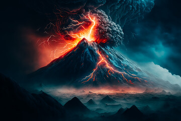 A dramatic shot of a raging volcano with ash and smoke billowing out of the top, set against a backdrop of a turbulent storm with lightning bolts striking the ground