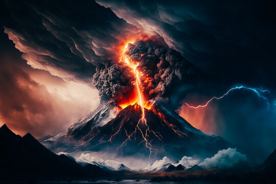 A dramatic shot of a raging volcano with ash and smoke billowing out of the top, set against a backdrop of a turbulent storm with lightning bolts striking the ground