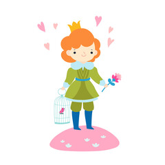 Vector children illustration of beautiful princess with birds. Cute fairytale character in flat style.