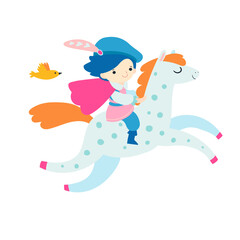 Vector color illustration of a young prince riding a horse in flat style. Cute fairytale character.