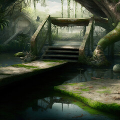 A foggy swamp. Dark and mysterious.
