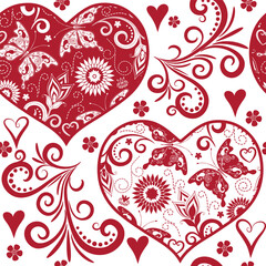 Vector red monochrome seamless pattern with hearts, flowers and butterflies on a transparent background