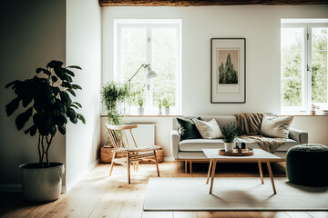 A living room designed in Germany Style, clean lines, minimalistic, natural materials, neutral colors