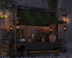 Fantasy tavern market stall with lantern light.