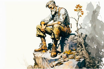 Fototapeta na wymiar a man hiker sitting on a rock, white background