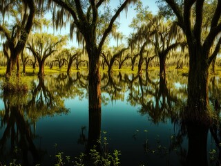 Swampy marshland. Palm trees. Tropical forest.	
