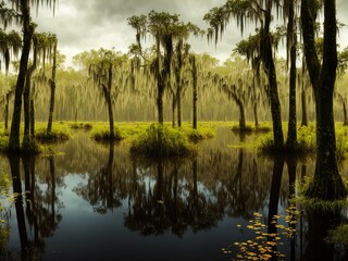 Swampy marshland. Palm trees. Tropical forest.	
