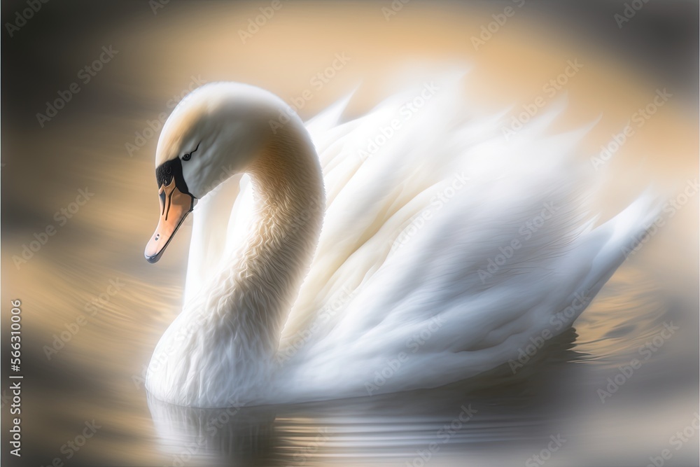Poster a white swan floating on top of a lake next to a forest filled with green grass and trees in the bac