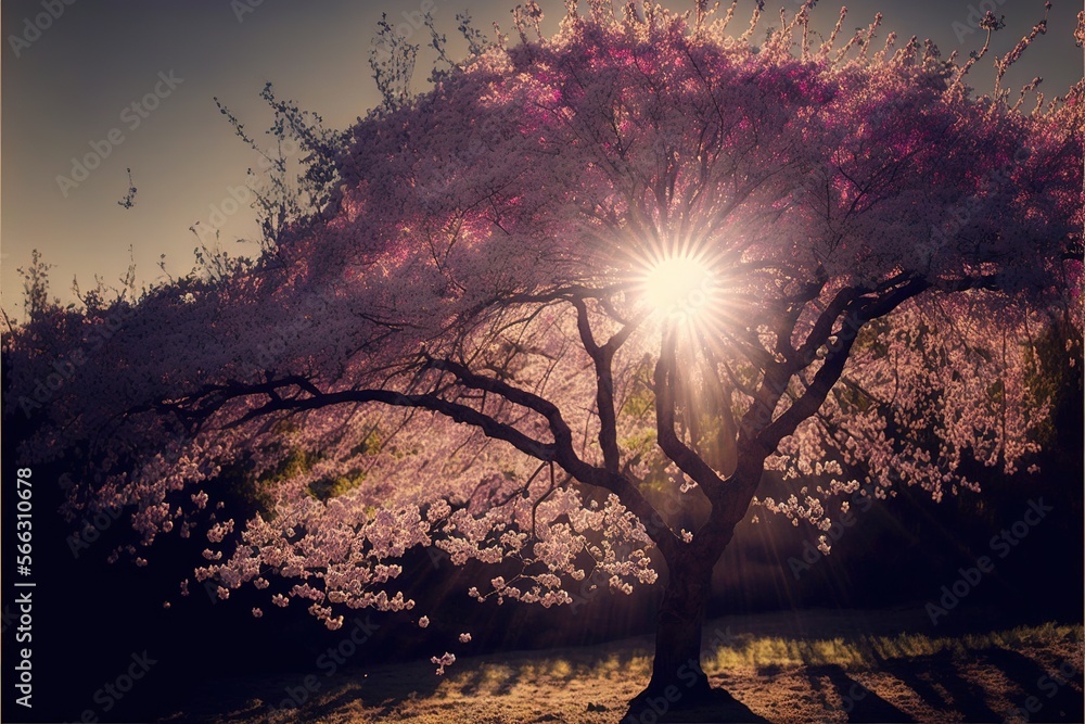 Poster the sun shines brightly through the branches of a blossoming tree in a park area with grass and tree