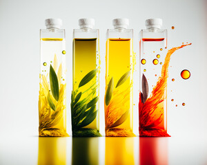 A visually striking composition of olive oils with varying colors and textures, set against a stark white background