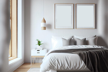 Frame mockup in bedroom interior design. Generative AI