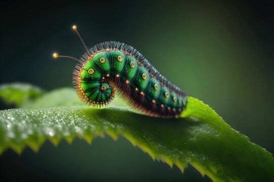  a green and orange caterpillar sitting on top of a green leaf with drops of water on it's back end and a black background.  generative ai
