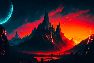 beautiful neon sunset in the land of Mordor