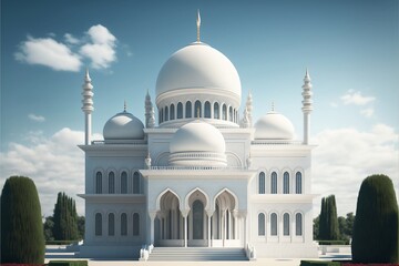 Fototapeta na wymiar Front view of beautiful Islamic Mosque Illustration created with Generative AI Technology