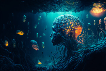 bioluminescent Scene with mermaids underwater