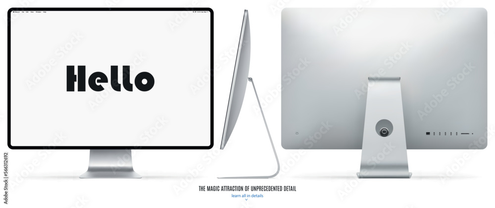 Poster computer monitor silver color with blank screen front, back and side view isolated on white backgrou