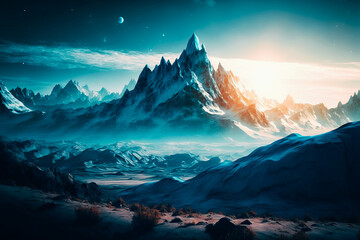 Fototapeta na wymiar blue mountains with white peaks, cinematic