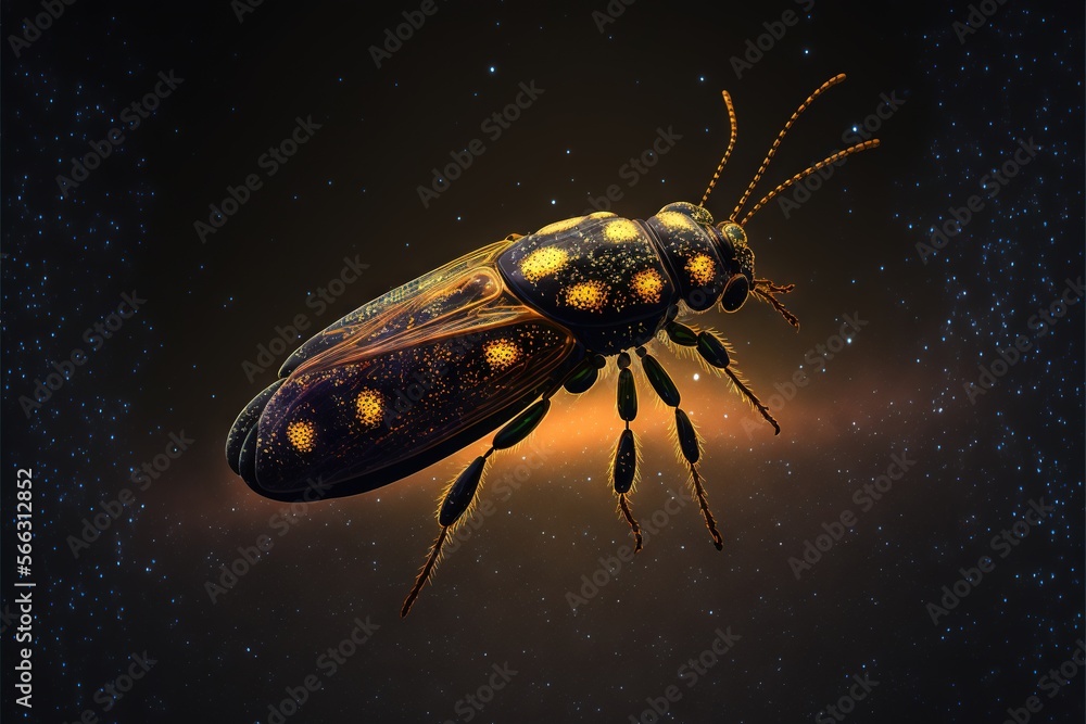 Poster a close up of a bug on a dark background with stars in the sky in the background and a yellow spot o
