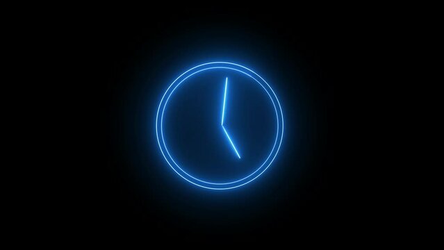 Blue color bright clock with  glowing neon light . wall clock timer .12 hour is going speedy , neon  analog clock .
