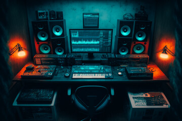 electronic music producer desk with studio equipment