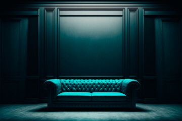 empty black big room degradade with a turquoise sofa