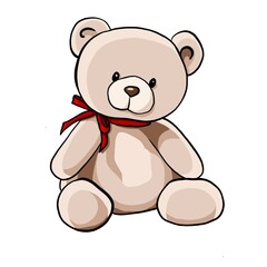 Cute beige Teddy Bear with red ribbon. Lovely cuddle Toy, Romantic gift.Isolated illustration on white background, best for print, postcard or poster design.