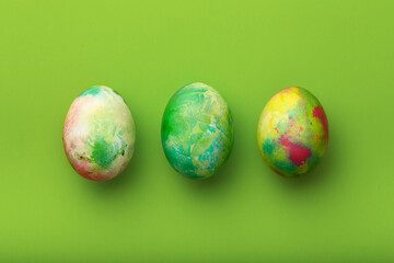 Easter eggs viewed from above. Colorful Easter background. Top view