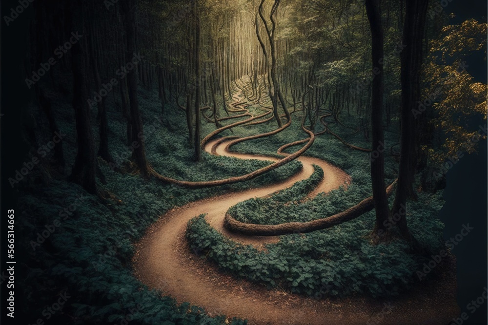 Aufkleber a painting of a winding path in the woods with a light at the end of the path on the right side of t