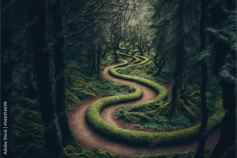 Aufkleber a painting of a winding path in the woods with grass growing on the sides of the path and trees on t