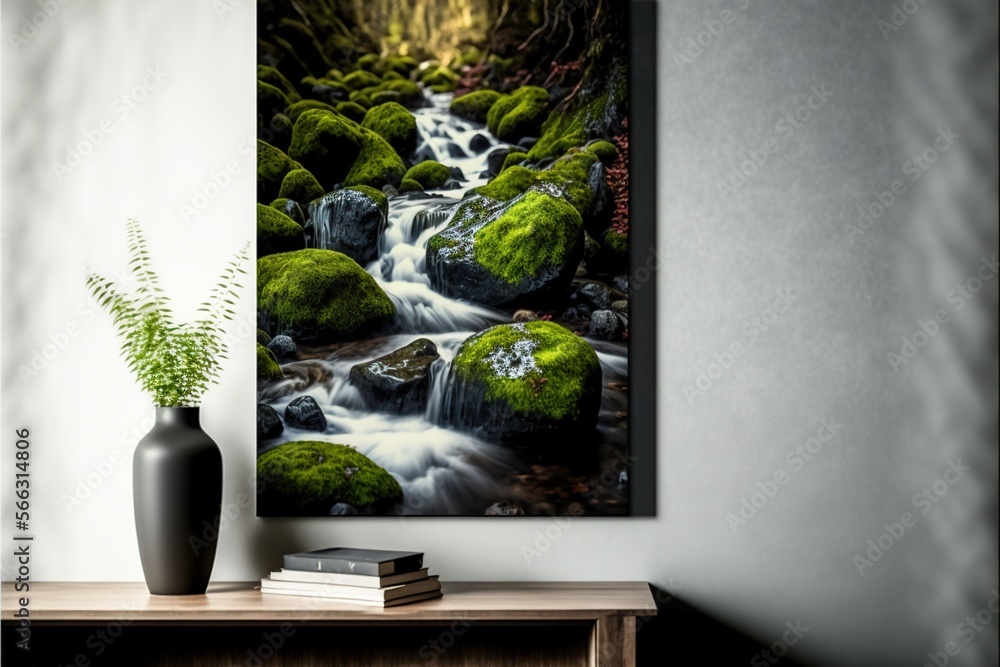 Poster a picture of a stream running through a forest with moss growing on the rocks in the foreground and 