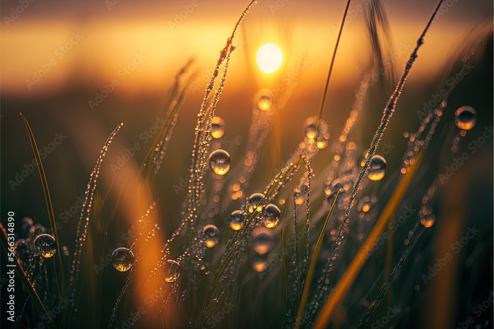 Poster dew covered grass with the sun setting in the distance behind it and water droplets on the grass in 