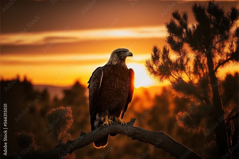 Poster a bird perched on a branch in front of a sunset sky with trees in the background and a silhouette of