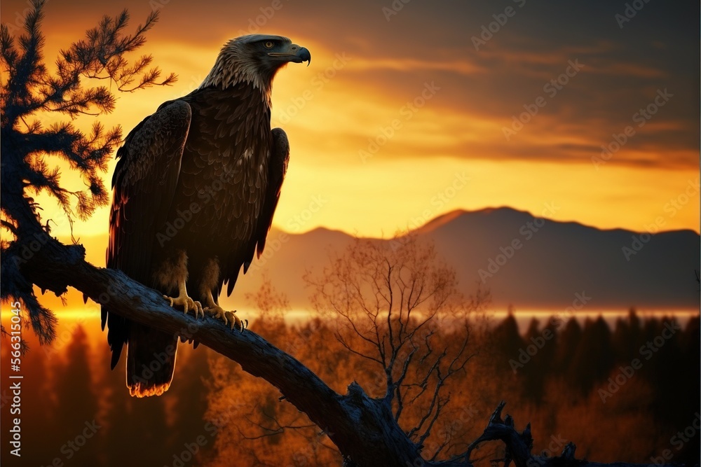 Poster a bald eagle perched on a tree branch at sunset with mountains in the background and a sky filled wi