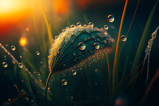 In this image, the crisp air of a morning sunrise is illustrated by the droplets of dew suspended on blades of grass and the tips of leaves