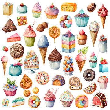 Collection of different sweet deserts, like ice cream, candy, cakes and cupcakes. Cartoon illustration isolated on white