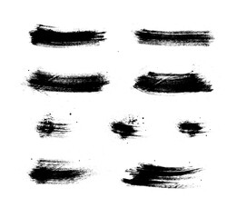 Black paint brush spots, highlighter lines or felt-tip pen marker horizontal blobs. Marker pen or brushstrokes and dashes. Ink smudge abstract shape stains and smear set with texture 