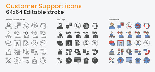 Customer support icons set. 64x64 editable stroke