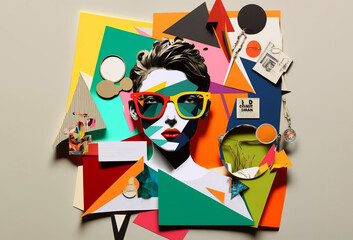 Abstract modern art collage portrait of young woman. Trendy paper collage composition. Generative ai
