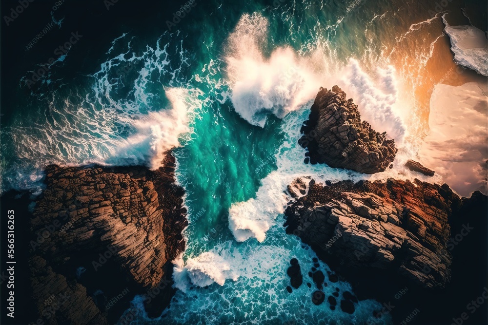 Poster an aerial view of the ocean with waves crashing against the rocks and crashing into the shore and cr