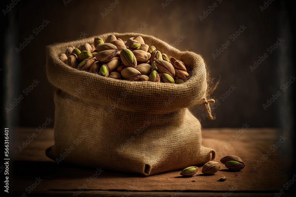 Poster a sack of nuts sitting on a wooden table next to a pair of scissors and a pair of scissors on a tabl