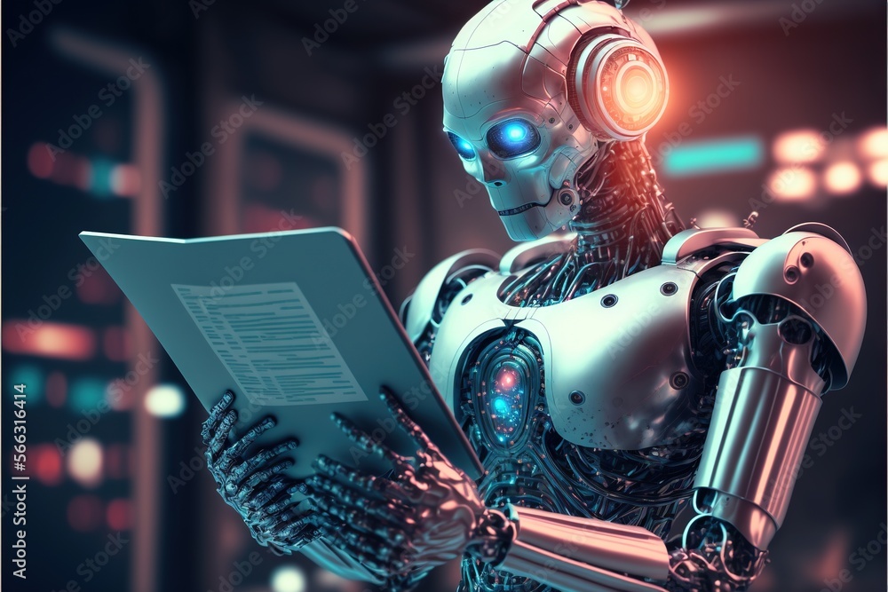Poster a robot is reading a book in a room with a neon light on it's head and a blue light on its face is s
