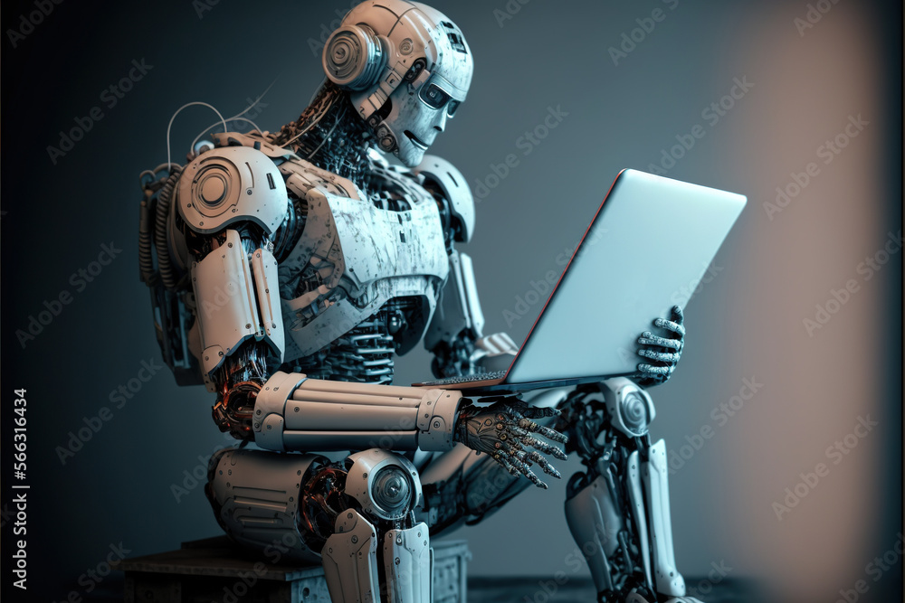 Aufkleber a robot sitting on top of a wooden table using a laptop computer while holding a cup of coffee in hi