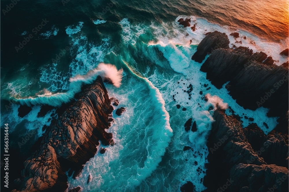 Poster an aerial view of the ocean with waves crashing on the rocks and the sun shining on the water and th