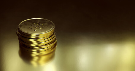Gold coins stacked over golden background. 3D render image with copy space.